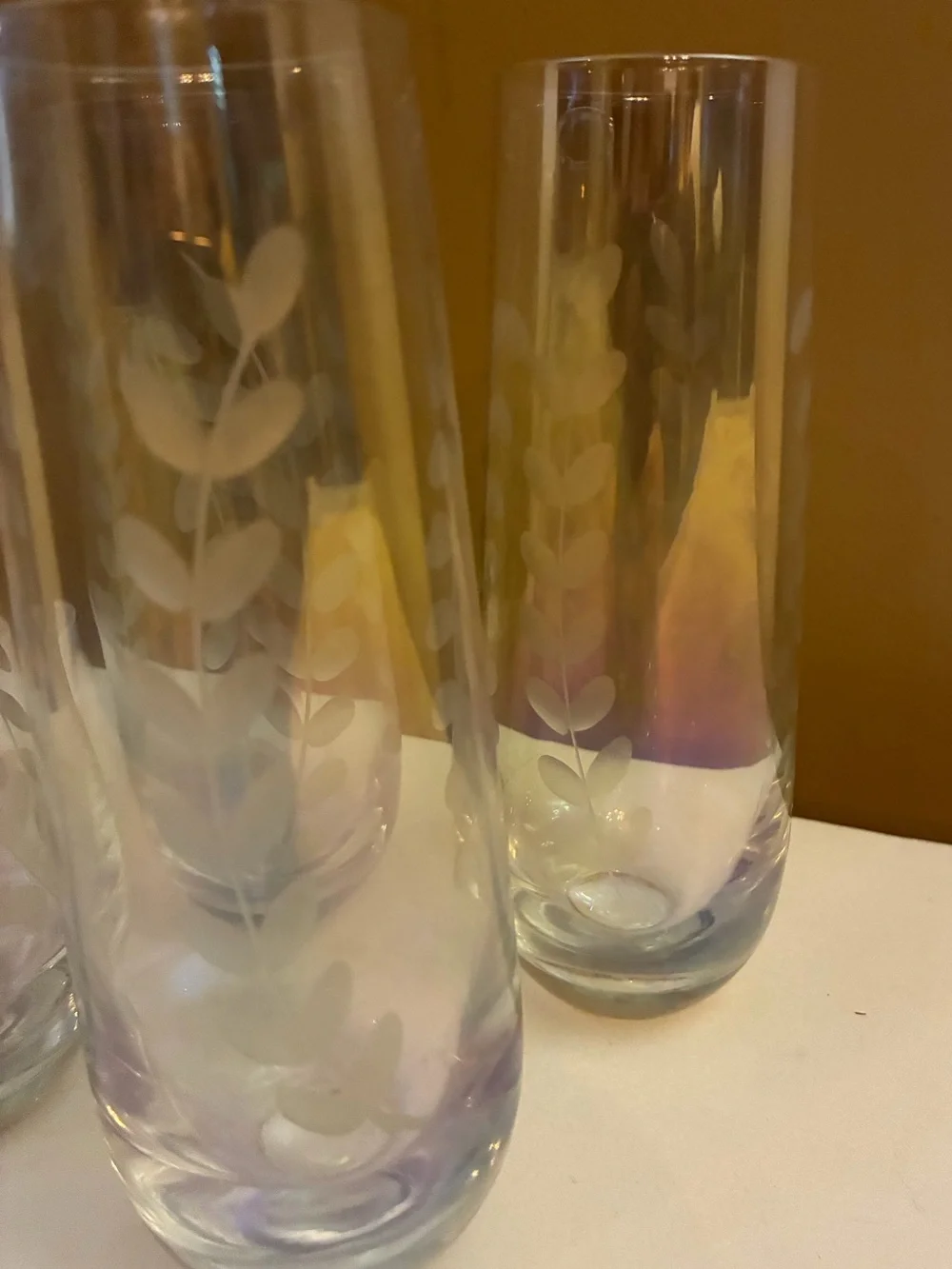Set of 4 Indigo Etched Vine Botanical Stemless Champagne Flutes Wine Glasses